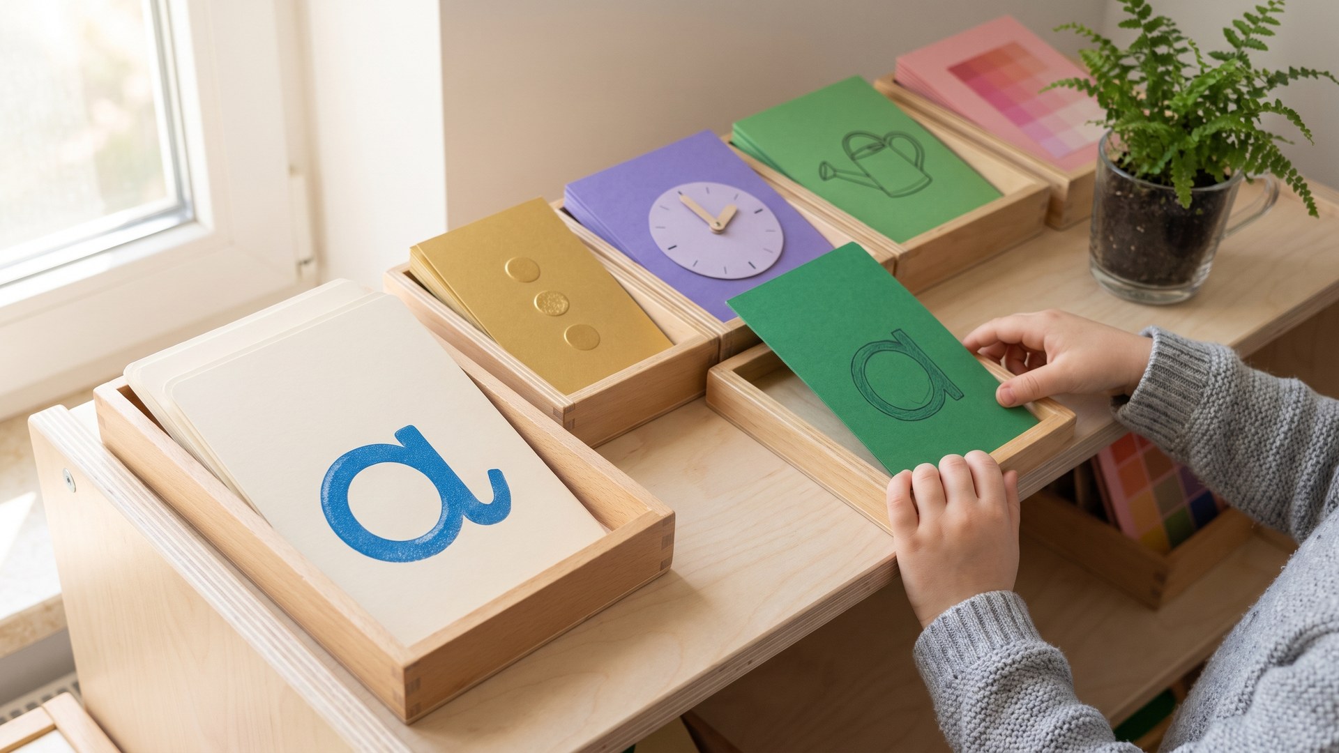 Karty Montessori do wydruku na drewnianej półce